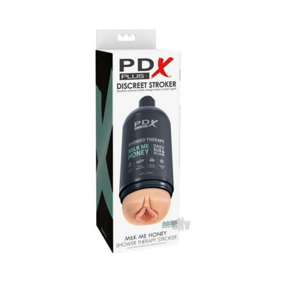 PDX Plus Shower Therapy Milk Me Honey Light discreet stroker in shampoo bottle packaging with realistic sleeve detail.