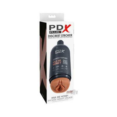 PDX Plus Shower Therapy Milk Me Honey Tan discreet stroker in shampoo bottle packaging with realistic sleeve detail.