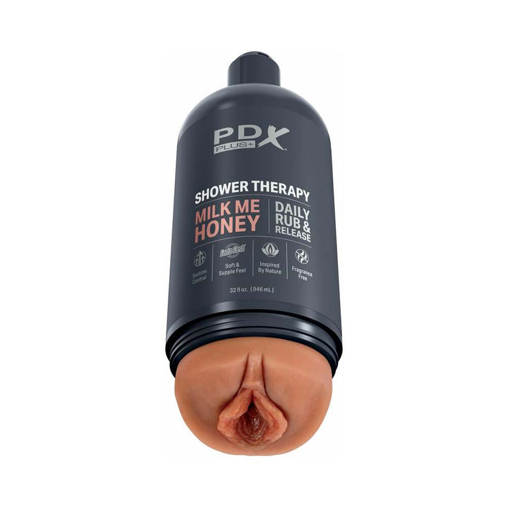 Discreet PDX Plus Shower Therapy Milk Me Honey Tan male pleasure device shaped like a shampoo bottle with realistic sleeve detail.