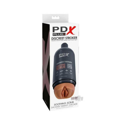 PDX Plus Shower Therapy Soothing Scrub discreet stroker in tan with realistic sleeve in shampoo bottle packaging.