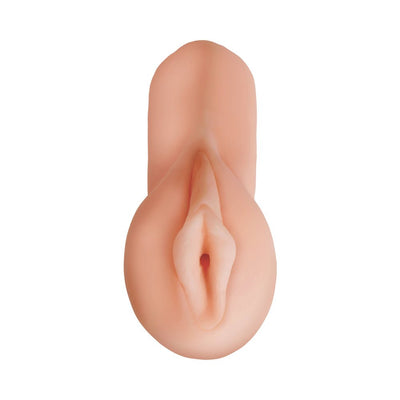 Top view of a flesh-toned, realistic textured stroker toy designed for personal use.