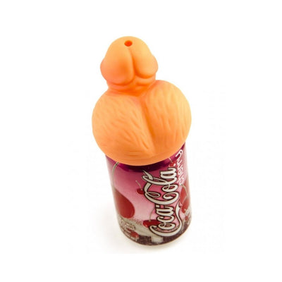 Orange novelty beer can topper shaped like a playful cartoonish chest accessory on a soda can.