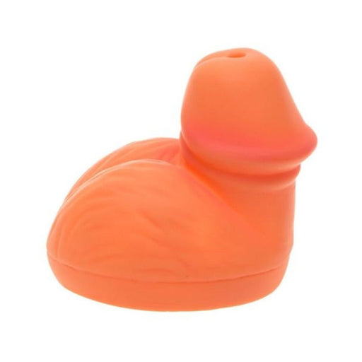 Orange rubber duck-shaped beer can topper with a hole for sipping, designed for fun and easy use.