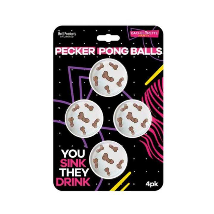 Pack of four white beer pong balls with playful brown designs on black bachelorette party-themed packaging.