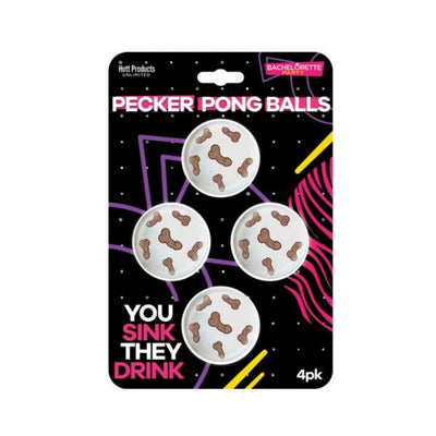 Pack of four white beer pong balls with playful brown designs on black bachelorette party-themed packaging.