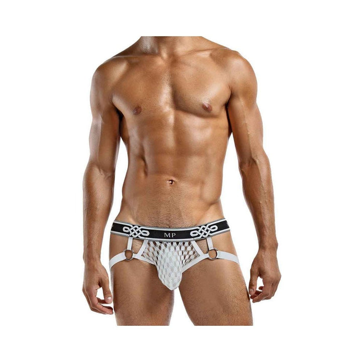 Male model wearing white mesh jock strap with black waistband and decorative metal rings.