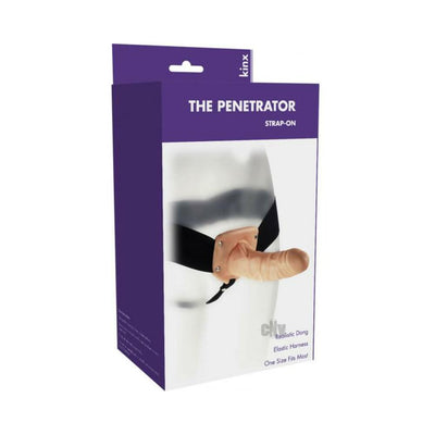 Packaging box of The Penetrator Strap-On featuring a realistic dildo with an adjustable black elastic harness.