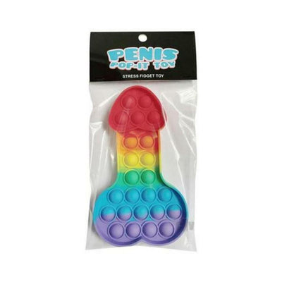 Rainbow-colored silicone pop-it fidget toy in a playful shape, packaged with a black label.