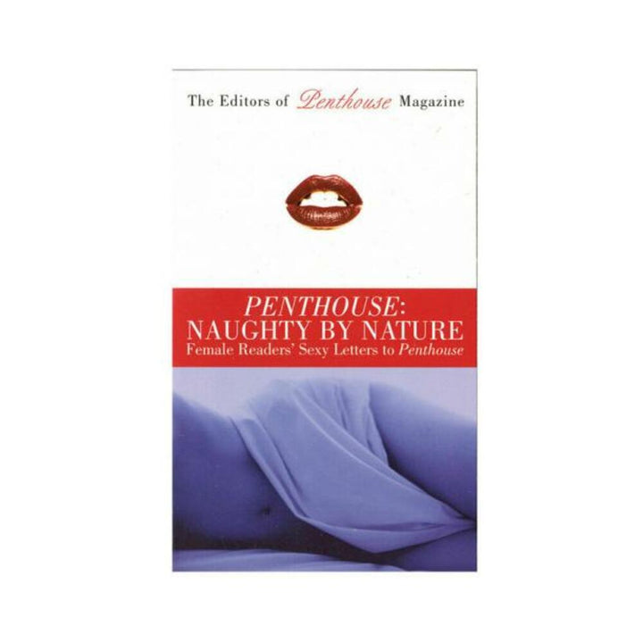 Cover of Penthouse: Naughty By Nature book featuring red lips illustration and a draped fabric image in blue tones.