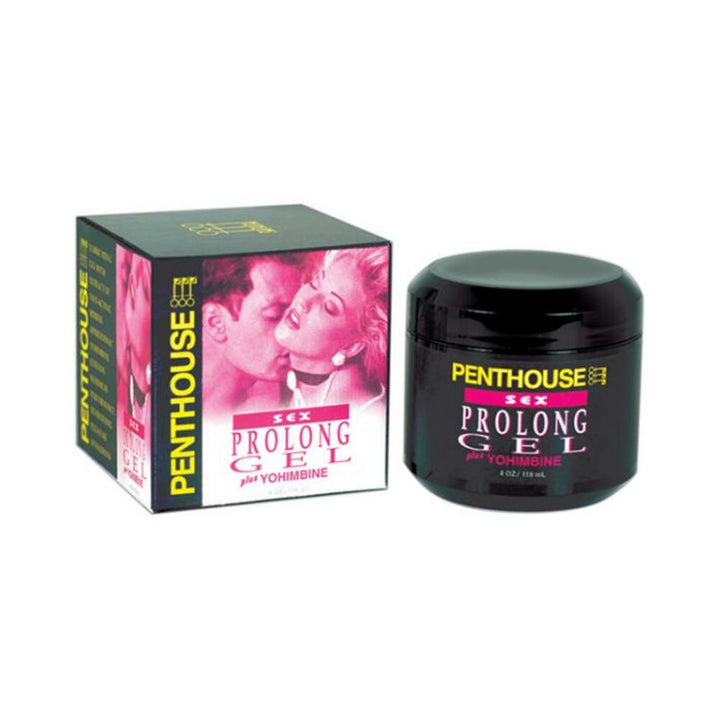 Penthouse Sex Prolong Gel with Yohimbine in black jar next to its box featuring a romantic couple image.