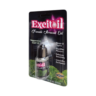 Excitoll peppermint female arousal oil in a .5oz bottle with black and green packaging highlighting warming and tingling effects.