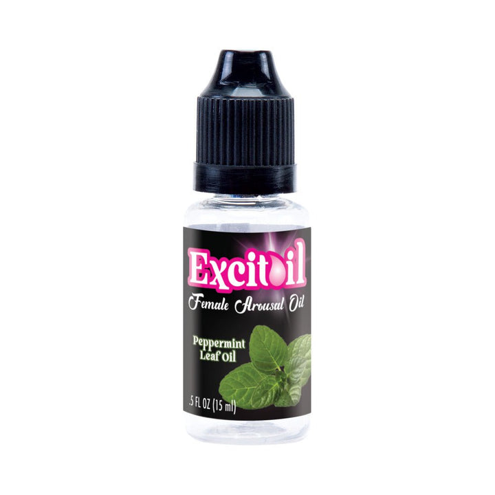 Small clear bottle of Excitoll peppermint leaf oil female arousal oil with black cap and label showing mint leaves.