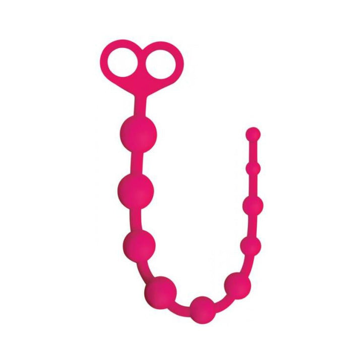Violet silicone anal beads with ten graduated spheres and a double-loop handle for easy retrieval.