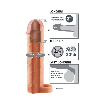 Diagram of a 2-inch penis extension with ball strap showing increased length, 33% thicker girth, and ejaculation delay features.
