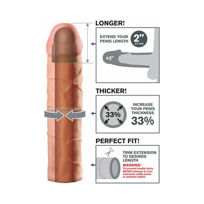 Diagram showing a beige penis extension adding 2 inches length, increasing thickness by 33%, and trim-to-fit instructions.