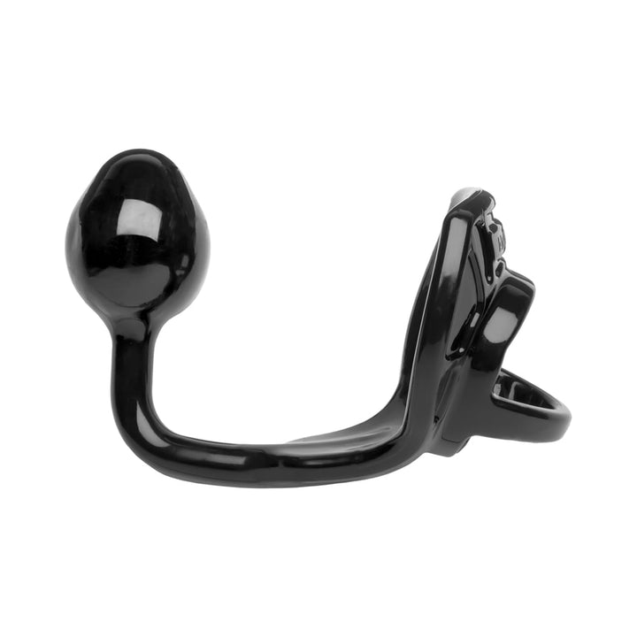 Black Armour Tug Lock device featuring a connected cock ring and curved butt plug with a smooth, glossy finish.