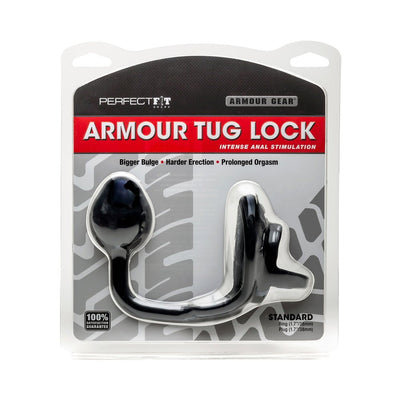Armour Tug Lock black cock ring and butt plug combo in clear packaging with product benefits and size details.