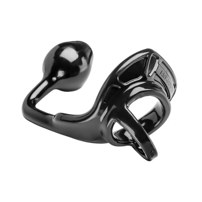Black Armour Tug Lock device combining a cock ring and butt plug with a smooth, ergonomic design.