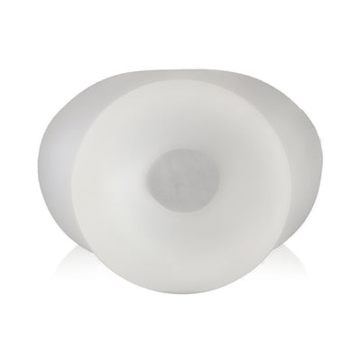 Translucent white silicone and TPR dual-chamber Bull Bag scrotum toy with a smooth, rounded design.