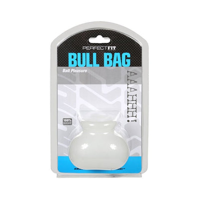 Perfect Fit Bull Bag scrotum toy in clear packaging with black and blue label for ball pleasure enhancement.
