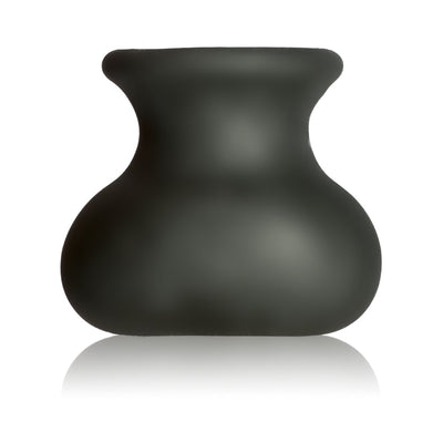 Black silicone and TPR Bull Bag scrotum stretcher and enhancer with a wide opening and bulbous shape.