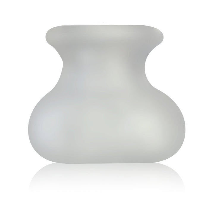 Translucent silicone and TPR dual-function scrotum toy with a wide stretchable opening and bulbous shape for comfort and enhancement.