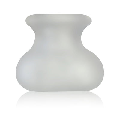 Translucent silicone and TPR dual-function scrotum toy with a wide stretchable opening and bulbous shape for comfort and enhancement.