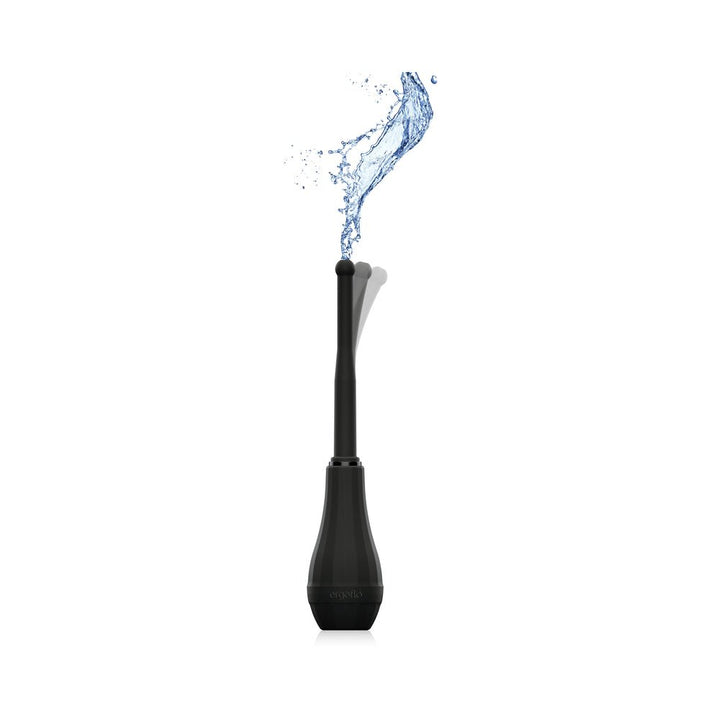 Black Perfect Fit ergoflo director anal douche with flexible silicone nozzle and water splash effect on white background.