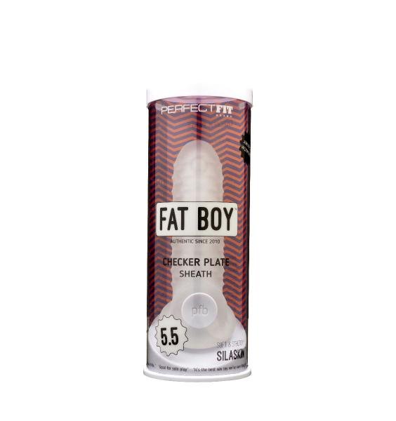 Clear 5.5-inch Perfect Fit Fat Boy Checker Plate Sheath in cylindrical packaging with red and black design.