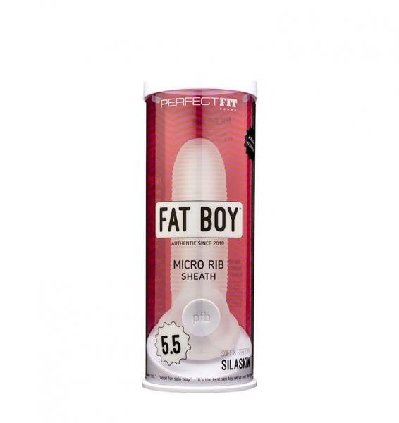Clear 5.5-inch Perfect Fit Fat Boy Micro Ribbed Sheath in cylindrical packaging with red background and white cap.