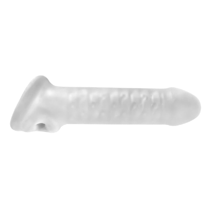 Clear 6.5-inch Perfect Fit Fat Boy Thin textured penis sheath with closed tip and base loop design.