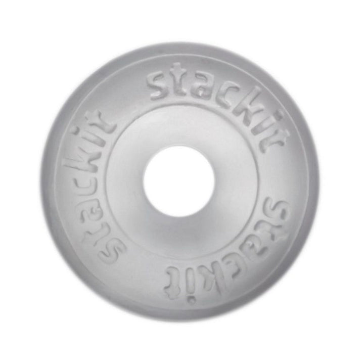 Clear flexible silicone ring with embossed "stackit" branding around the outer edge.