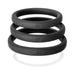 Set of three black silicone rings in sizes 20, 21, and 22 with a smooth matte finish stacked together.