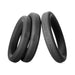 Set of three black silicone rings in sizes 14, 15, and 16 with soft-touch finish and embossed branding.