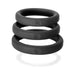 Set of three black silicone rings in sizes 14, 15, and 16, stacked and made from soft-touch material.