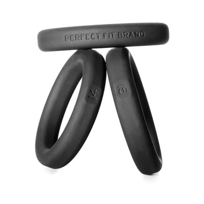 Set of three black silicone rings in sizes 14, 15, and 16 with Perfect Fit Brand embossed on one ring.