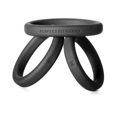 Three black silicone rings in small, medium, and large sizes with clear size markings and brand name embossed.