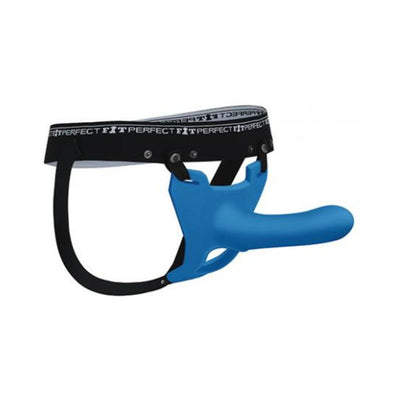 Blue 5.5-inch silicone strap-on with black adjustable waistband labeled Perfect Fit, shown on white background.