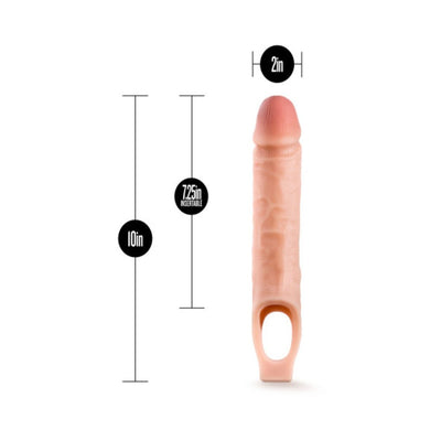 Vanilla-colored 10 inch penis extender sheath with 2 inch width and 7.25 inch insertable length, featuring a ball strap.