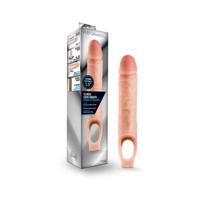 Vanilla-colored 10 inch realistic penis extender sheath with ball strap and packaging box.