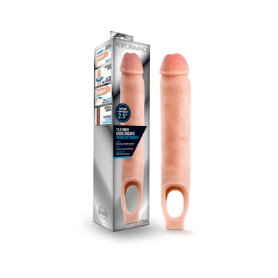 Vanilla-colored 11.5 inch cock sheath penis extender with packaging showing product features.