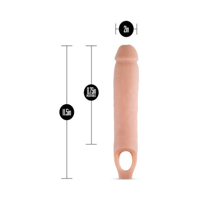 Vanilla-colored 11.5 inch penis extender sheath with 2 inch diameter and 8.75 inch insertable length shown with measurements.