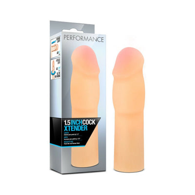 Blush Performance Cock Xtender in flesh tone with packaging highlighting 1.5 inch length and girth increase features.