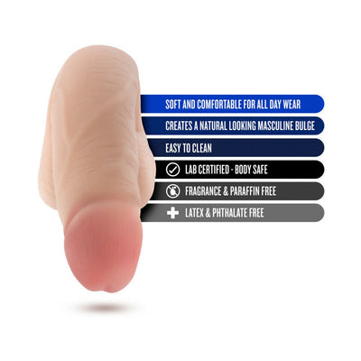 Vanilla beige 5-inch packer dildo with realistic texture and highlighted features for comfort and safety.