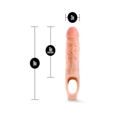 Vanilla-colored 9-inch penis extender with 6-inch insertable length and 2-inch width, featuring a ball strap opening.