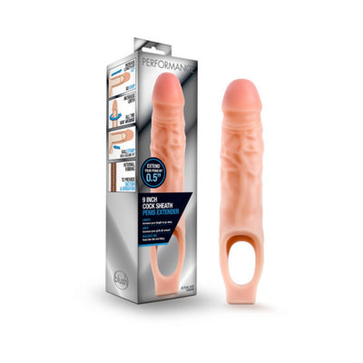 Vanilla-colored 9 inch penis extender sheath with ball strap, shown next to its packaging box.