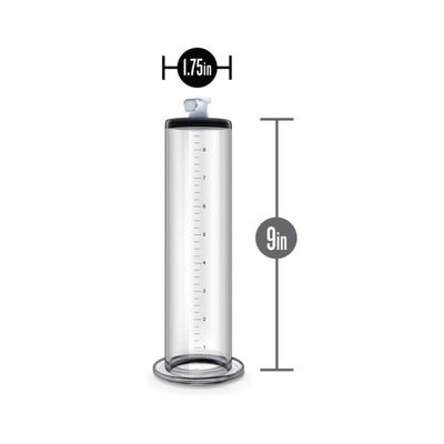 Clear 9-inch by 1.75-inch penis pump cylinder with measurement markings and secure flange base.