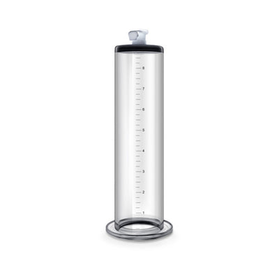 Clear 9-inch penis pump cylinder with measurement markings and secure black top valve.