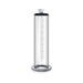 Clear 9-inch penis pump cylinder with measurement markings and secure black top valve.