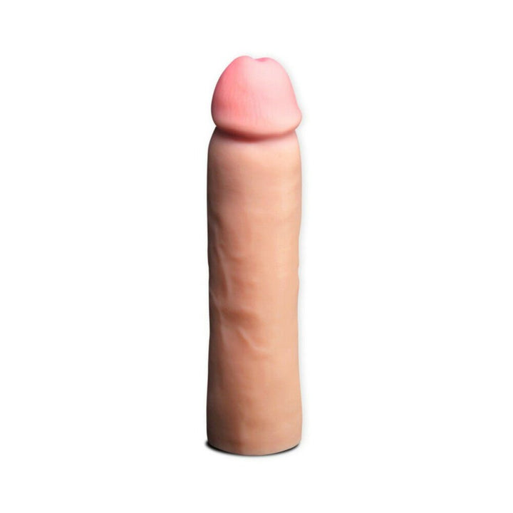 Beige realistic penis extension sleeve made from soft flexible material for added length and girth.